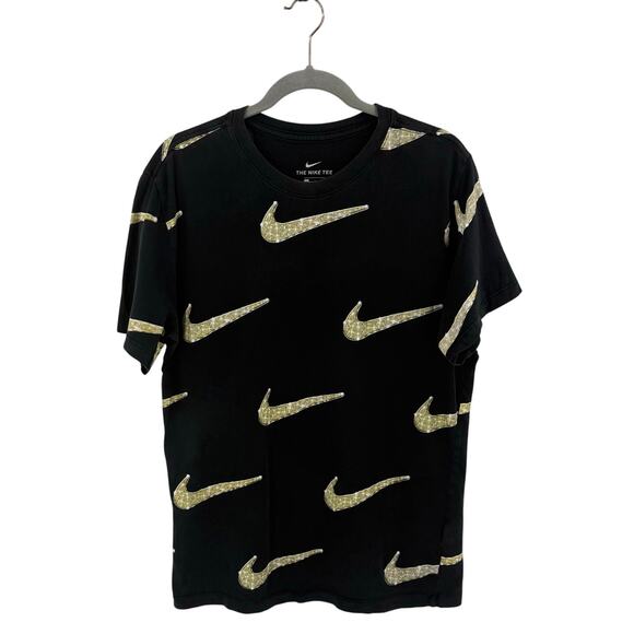 Nike Mens Bling T Shirt Size Medium Black Gold Diamond Swoosh Allover Print Tee - Picture 2 of 5